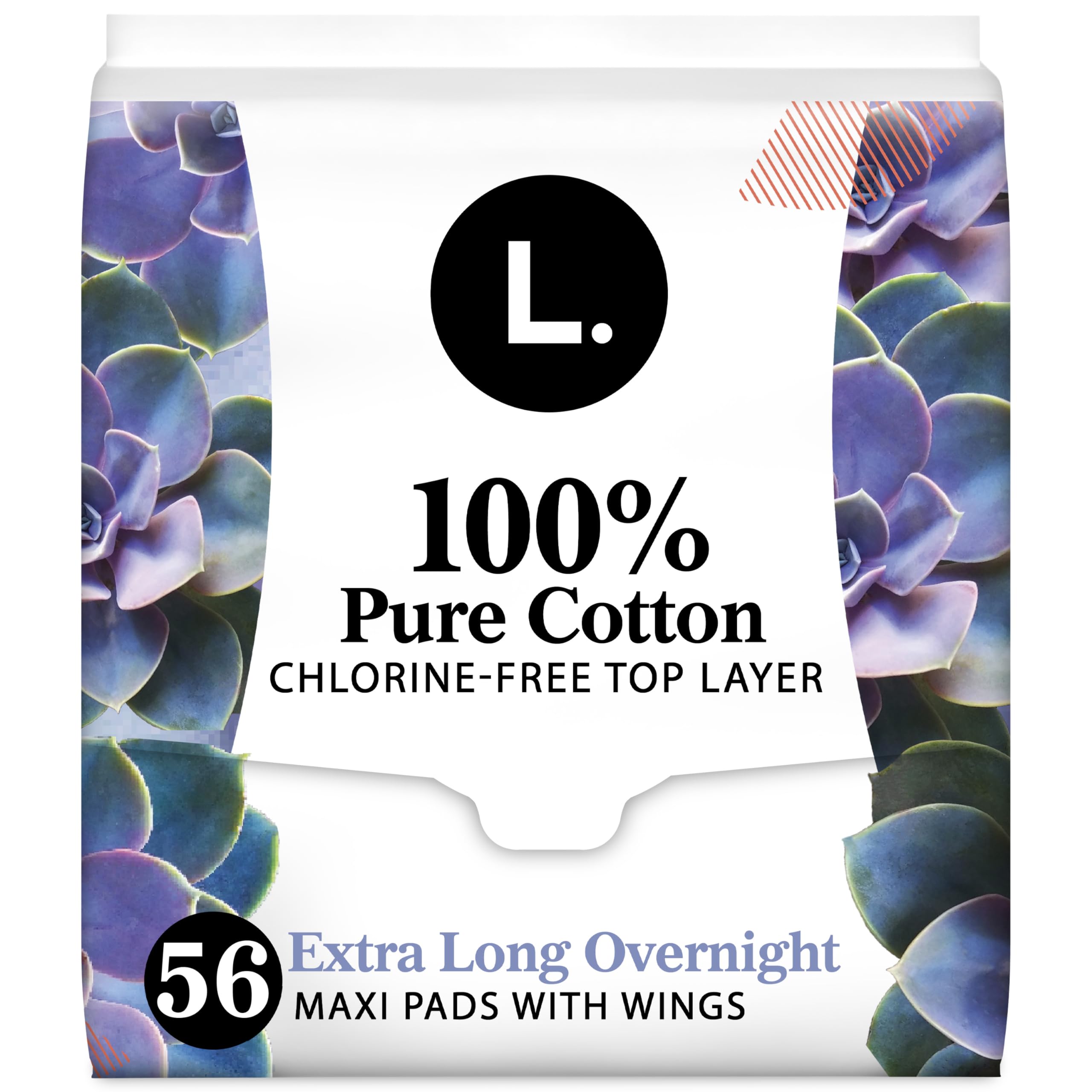 Photo 1 of L. Extra Long Maxi Pads for Women, Overnight Absorbency, Organic Cotton Top Layer, Unscented Pads with Wings, 56 Count (2 Packs of 28)
