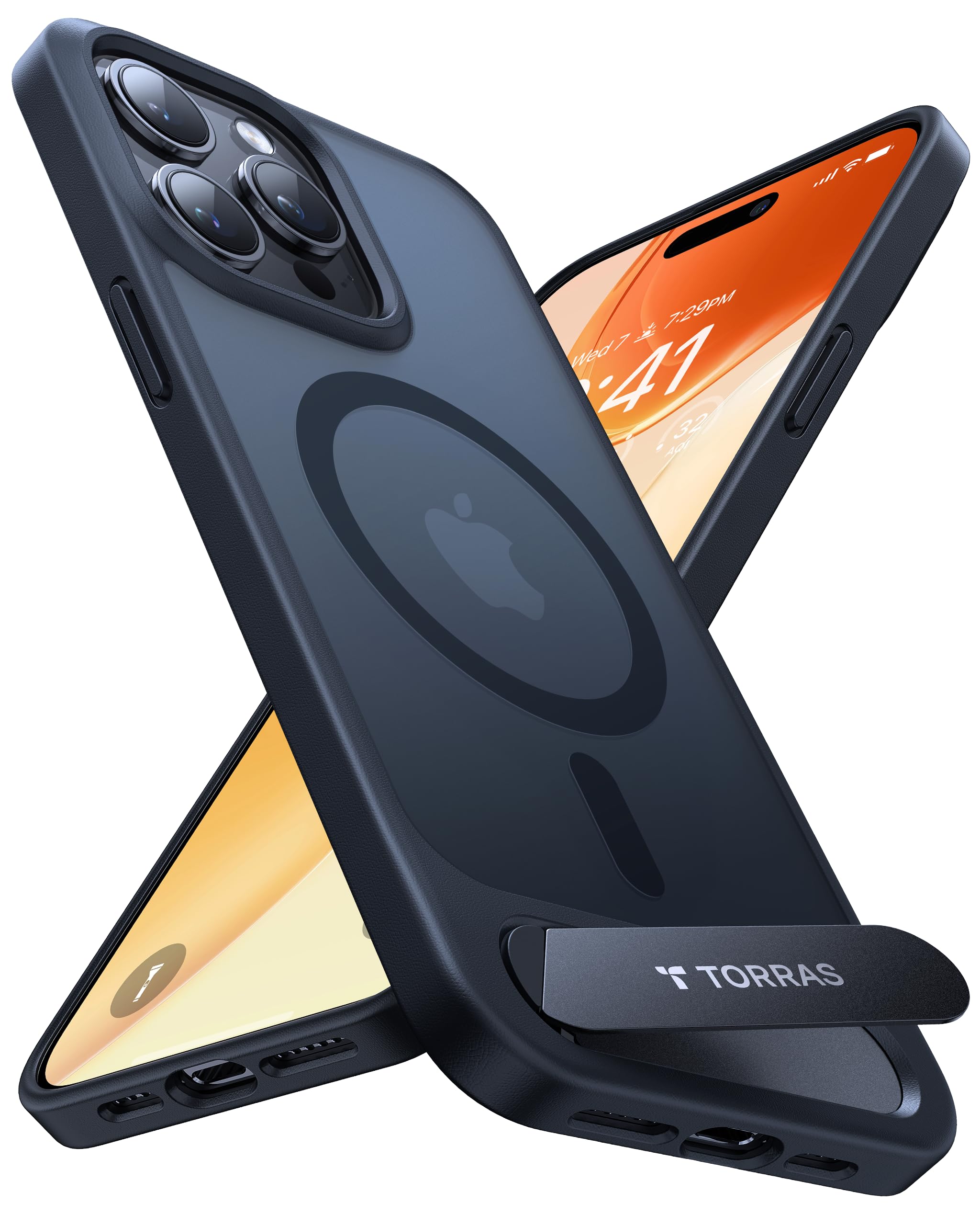 TORRAS for iPhone 15 Pro Max Case Invisible Titanium Stand [12FT Military Shockproof ] [TOP N56 Magnets] [20W Fast Charging] Truly Completely Flat & Slim Case iPhone 15 Pro Max Cover - Pstand Black — image 1