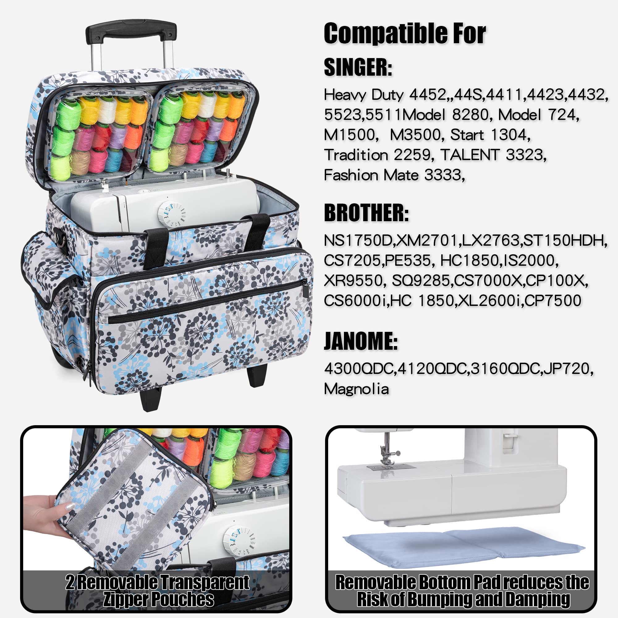 Teamoy Sewing Machine Case with Detachable Wheels, Rolling Sewing Machine Tote with Wheels and Bottom Wooden Pad, Compatible with Singer, Brother and Most Majority Machines and Accessories, Dandelion