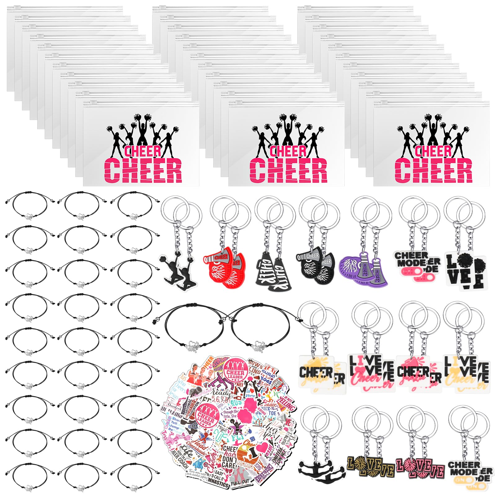 Photo 1 of ***READ NOTES***(MISSING PCS)
Huquary 91 Pcs Gifts for Cheerleader Cheer Gifts Bulk Cheer Makeup Bag & Keychain & Bracelet & Waterproof Stickers for Women Girls Teammates Gift Team(Black)