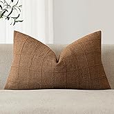 Foindtower Set of 1 Decorative Linen Check Throw Pillow Cover Neutral Farmhouse Lumbar Cushion Cover Modern Boho Home Decor for Sofa Chair Couch Bedroom Living Room,12×20 Inch,Brown Hazel