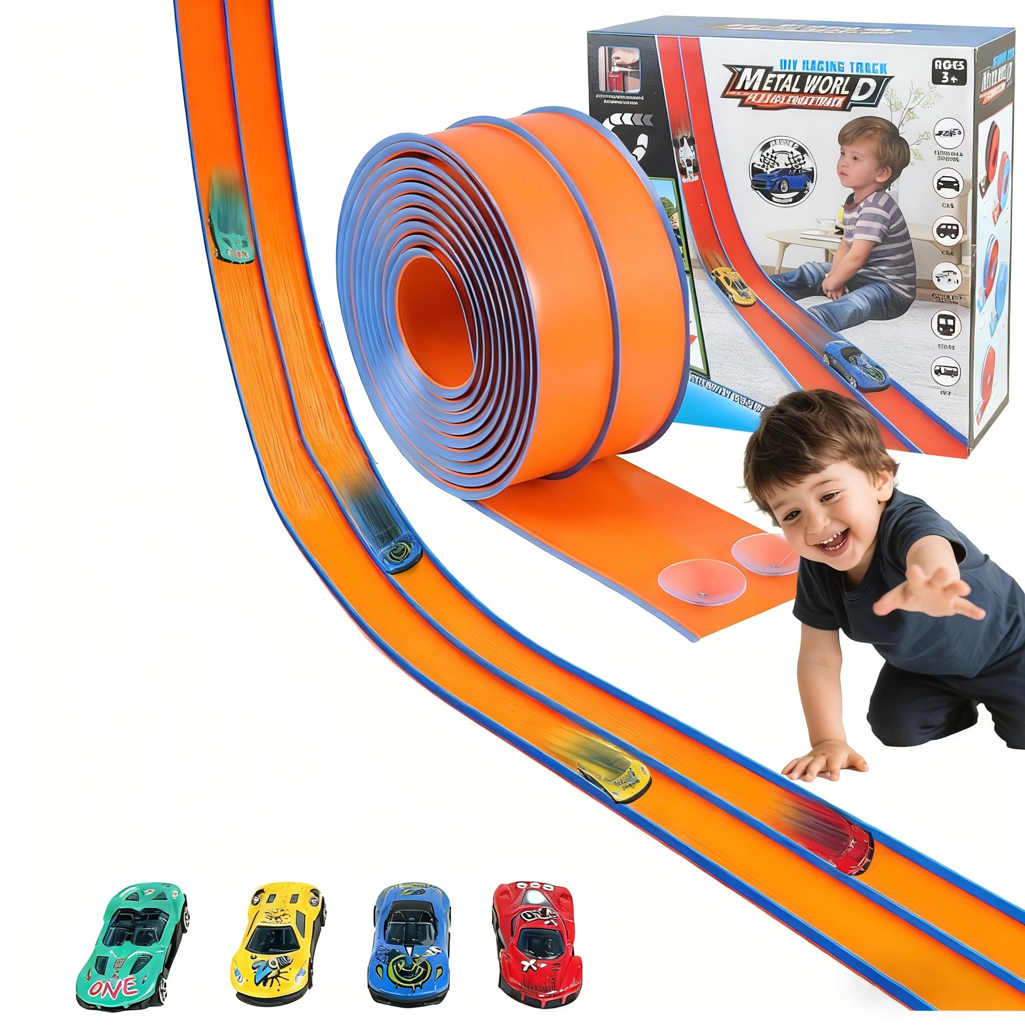 Car Track 4.5m Flexible Toy Car Track, Flexible Car Race Track with 4 Diecast Cars and 6 Suckers Rolls Up Dual Race Track for Loops Jumps Ramps, Birthday Gifts for 4+ Year Boys Girls(Blue-Orange)