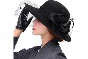 IZUS Women Flower Decor Bowler Fedora Hat with Veil Floppy Brim Felt Church Party Cap Vintage 1920s Elegant Fascinator Hat Small