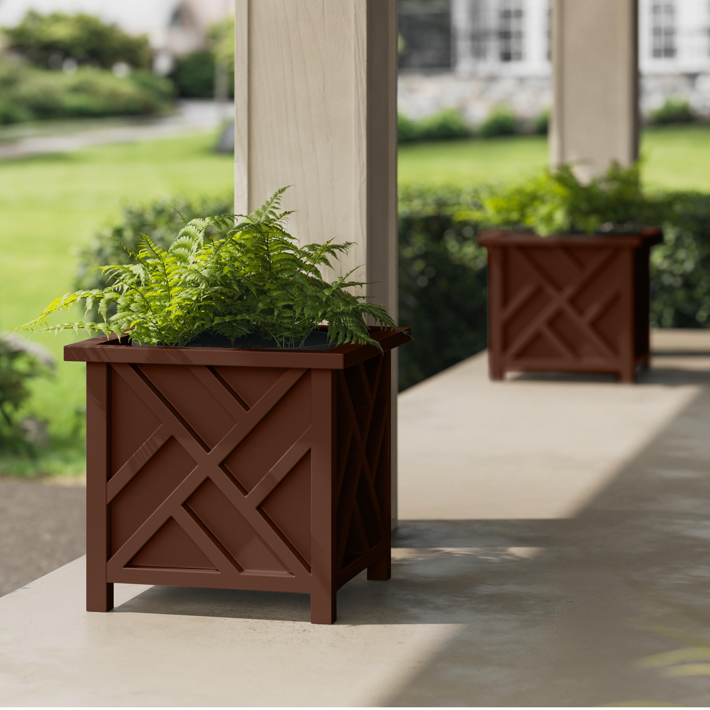Lattice Design Outdoor Planter Box 2-Pack – 15.5” Square 16.5” Tall Brown Decorative Plant Pots for Front Porch Decor – Flower Pots Outdoor Planters for Porch Patio or Garden Decor by Pure Garden