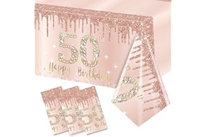 Excelloon 3 Pack 50th Birthday Tablecloth Decorations, Pink Rose Gold Happy Birthday Table Cover, Plastic Disposable Rectangular Table Cloth Decor
