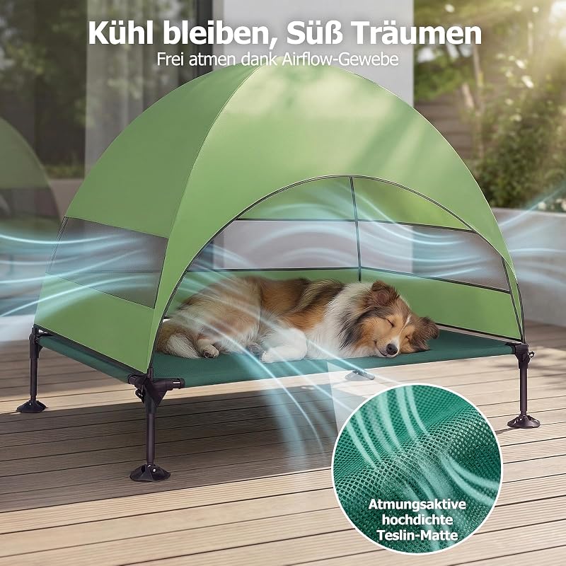 Erhöhtes Hundebett Outdoor mit UV-beständiges Dach，Hundeliege Klappbar mit Anti-Rutsch-Füßen, Hundezelt Outdoor mit Großem Schatten, Kühlendes ErhöHtes Hunde Bett für Camping, Garten (Grüner, L)