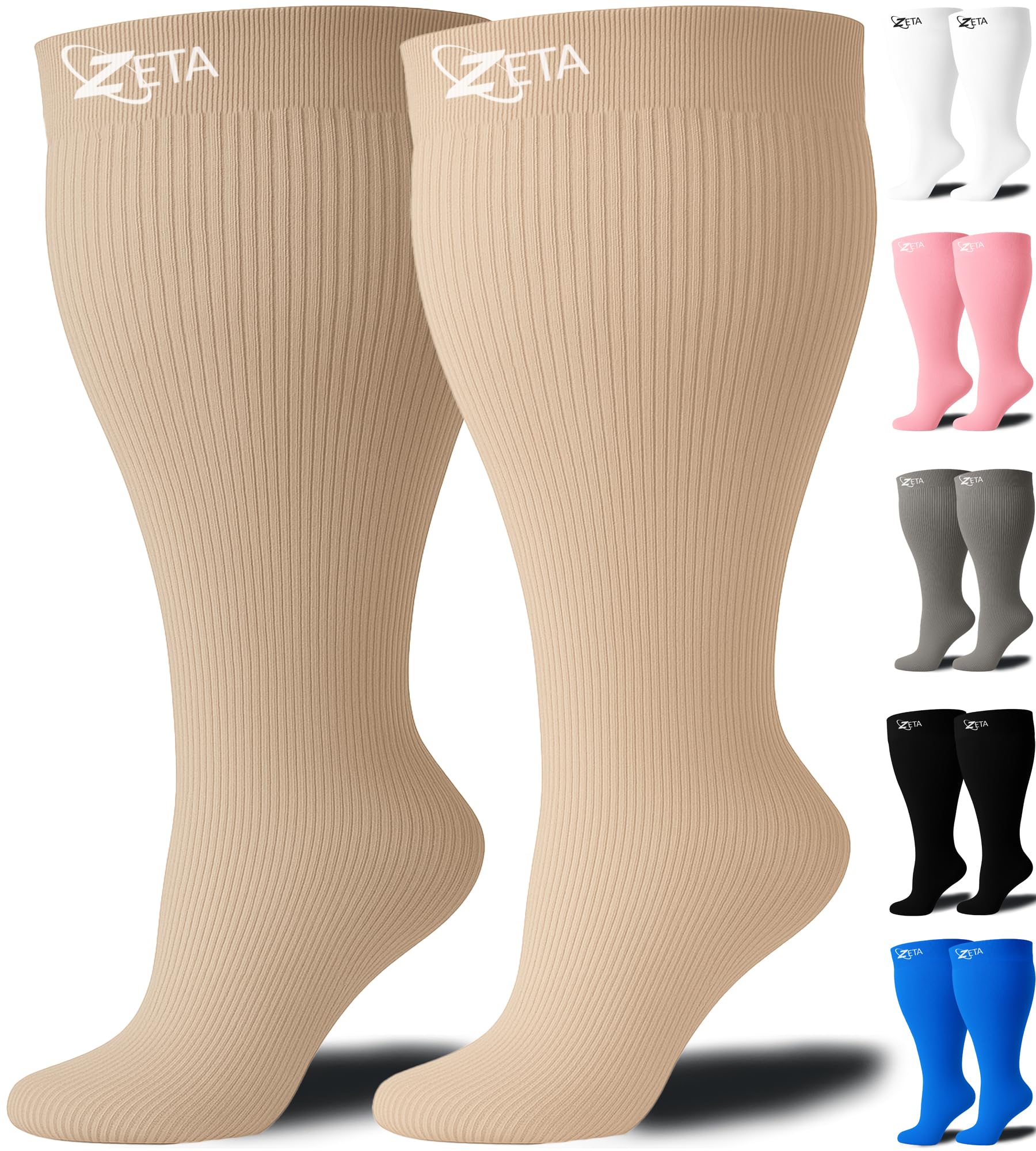 Zeta Wear Plus Size Support Socks - Wide Calf Compression, Great for Travel & Flights, Men & Women Love Its Amazing Fit, Cotton-Rich Comfort & Soothing Relief, 1 Pair, 2XL, Nude