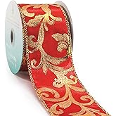 CT CRAFT LLC Red Satin Gold Swirl Wired Ribbon 2.5 Inch x 10 Yards for Christmas Home Decor Tree Topper Bow Gift Wrapping DIY