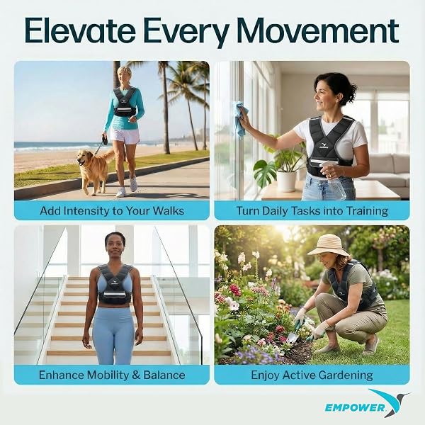 EMPOWER WEIGHTED VEST FOR WOMEN – WORKOUT VEST – FIXED 8LBS OR ADJUSTABLE 10-12-14-16LBS – ADDS RESISTANCE TO STRENGTH TRAINING, RUNNING, WALKING & CARDIO – DESIGNED TO FIT A WOMAN’S BODY