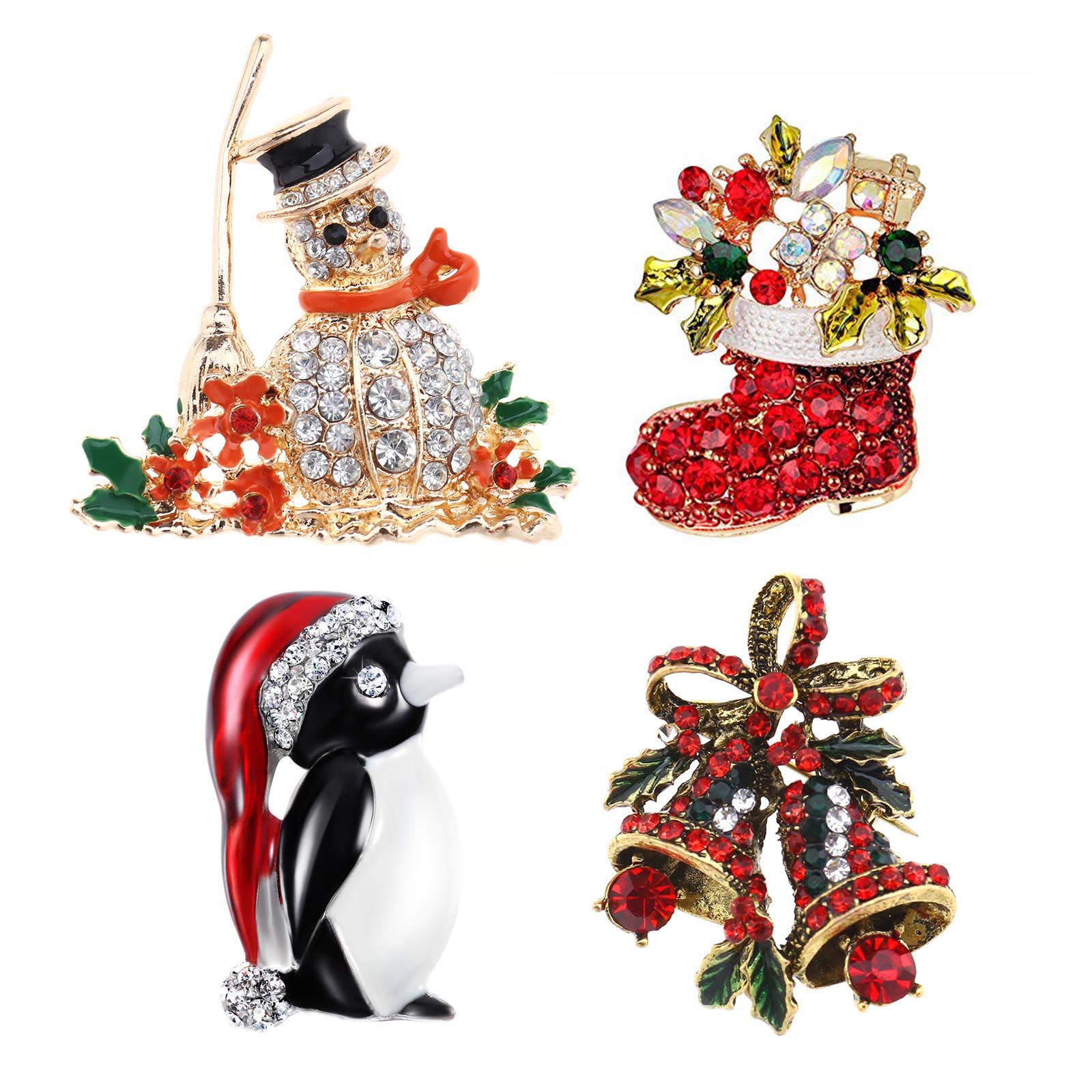 OTOTEC 4pcs Christmas Xmas Festival Brooch Pin Set Red Shoe Bell Snowman Penguin Party for DIY Crafts Backpacks Jackets Hats