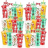 Yoiemivy 24 Pack Christmas Plastic Cups Bulk 24 oz Reusable Christmas Tumblers with Lids and Straws Holiday Party Favor Gifts Drinking Cups for Xmas Supplies