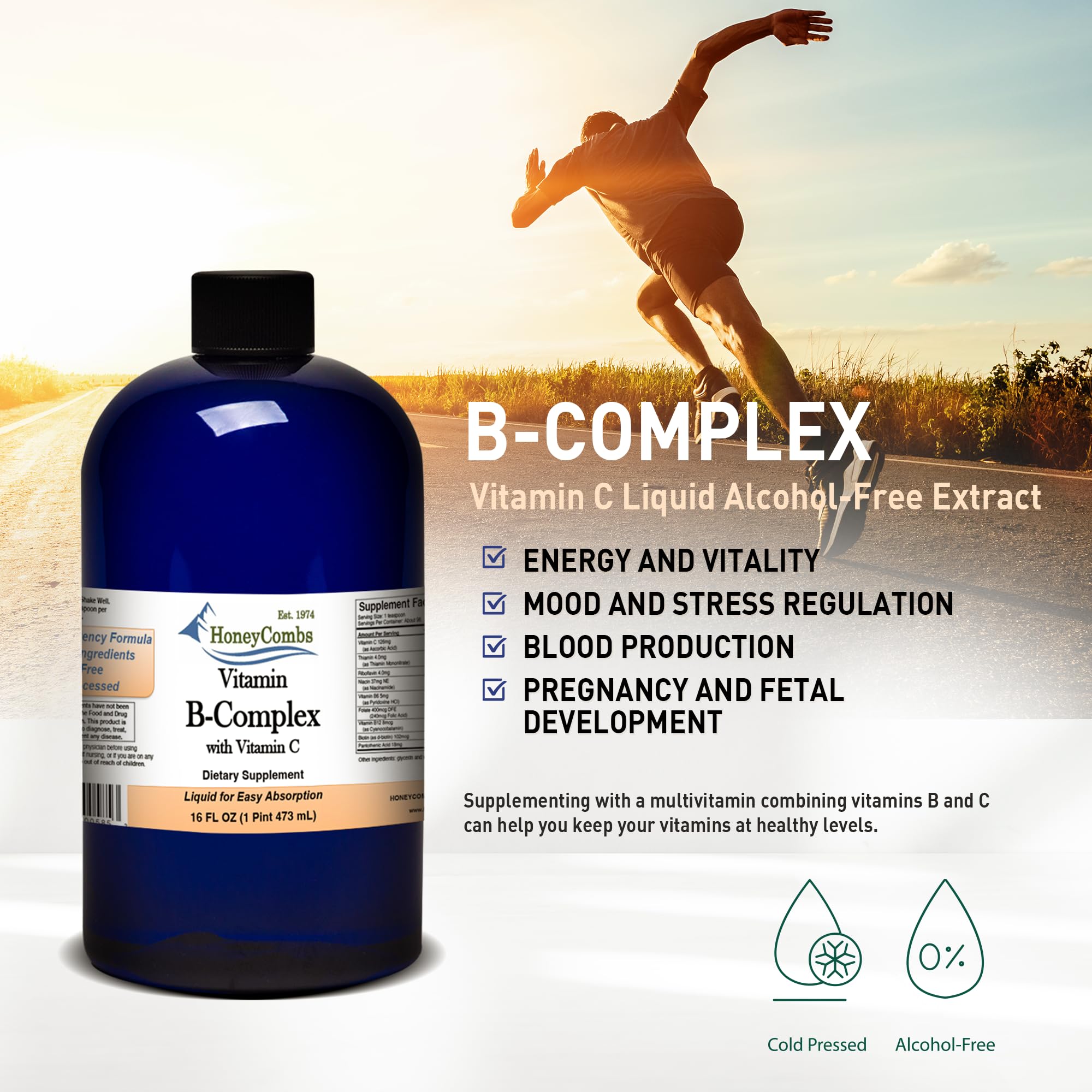 HoneyCombs Vitamin B Complex Drops – Liquid Supplement with Vitamin B1, B2, B3, B5, B6, B7, B9, B12 & Vitamin C – Super B Complex Vitamins – Alcohol-Free Liquid Vitamin Supplement, 16 Fl Oz.