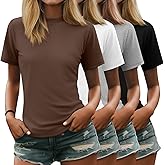 Ficerd 4 Pack Women's Mock Turtle Neck Shirts, Dressy Casual Short Sleeve Basic Top Slim Fit Stretch Trendy Tees