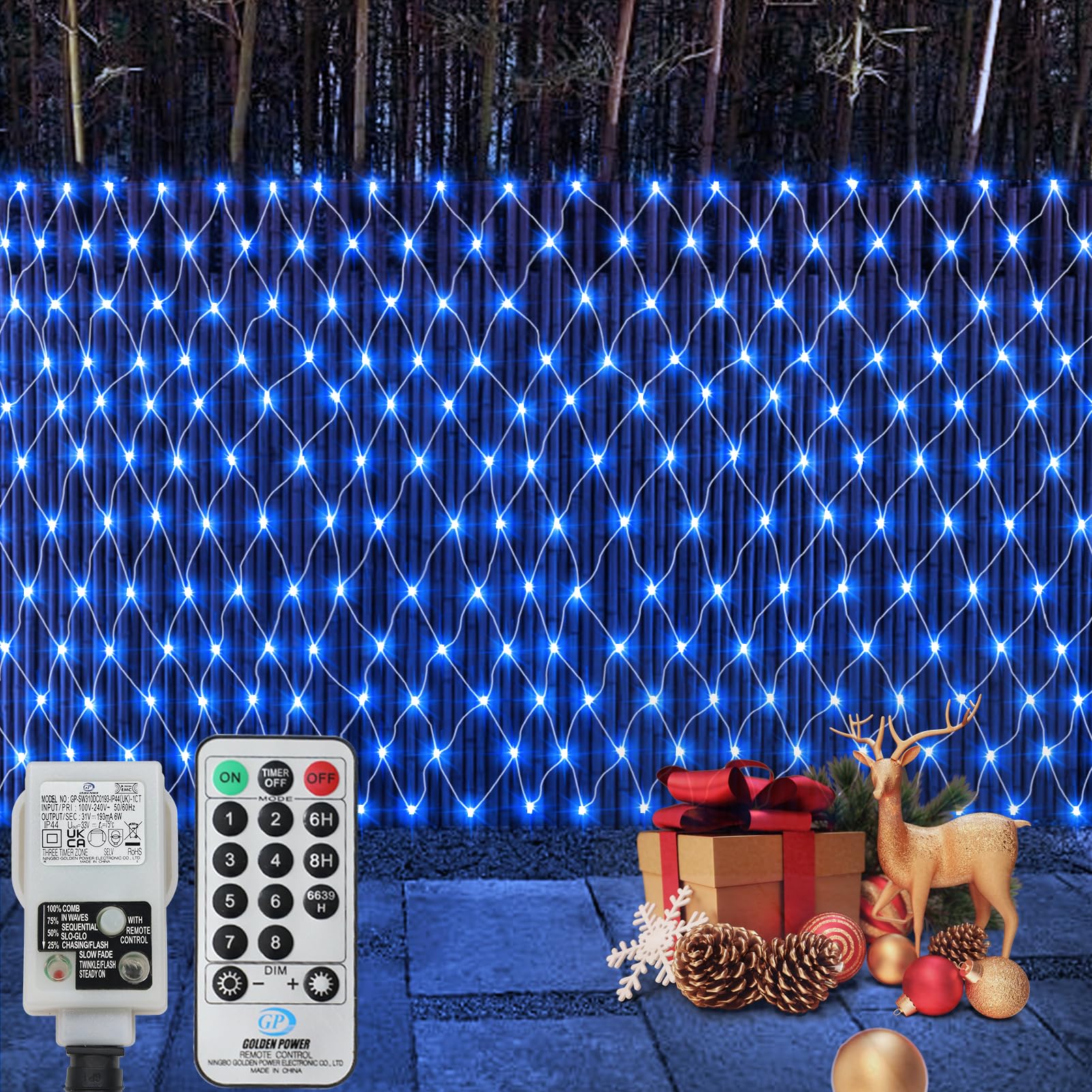 CCILAND 3x2m Christmas Net Lights Outdoor Mains Powered - 200 LED Mesh Light Plug in, 8 Modes 30V Low Voltage Garden Bush String Lights for Shrub Fence Backyard Patio Lawn Window (Blue)