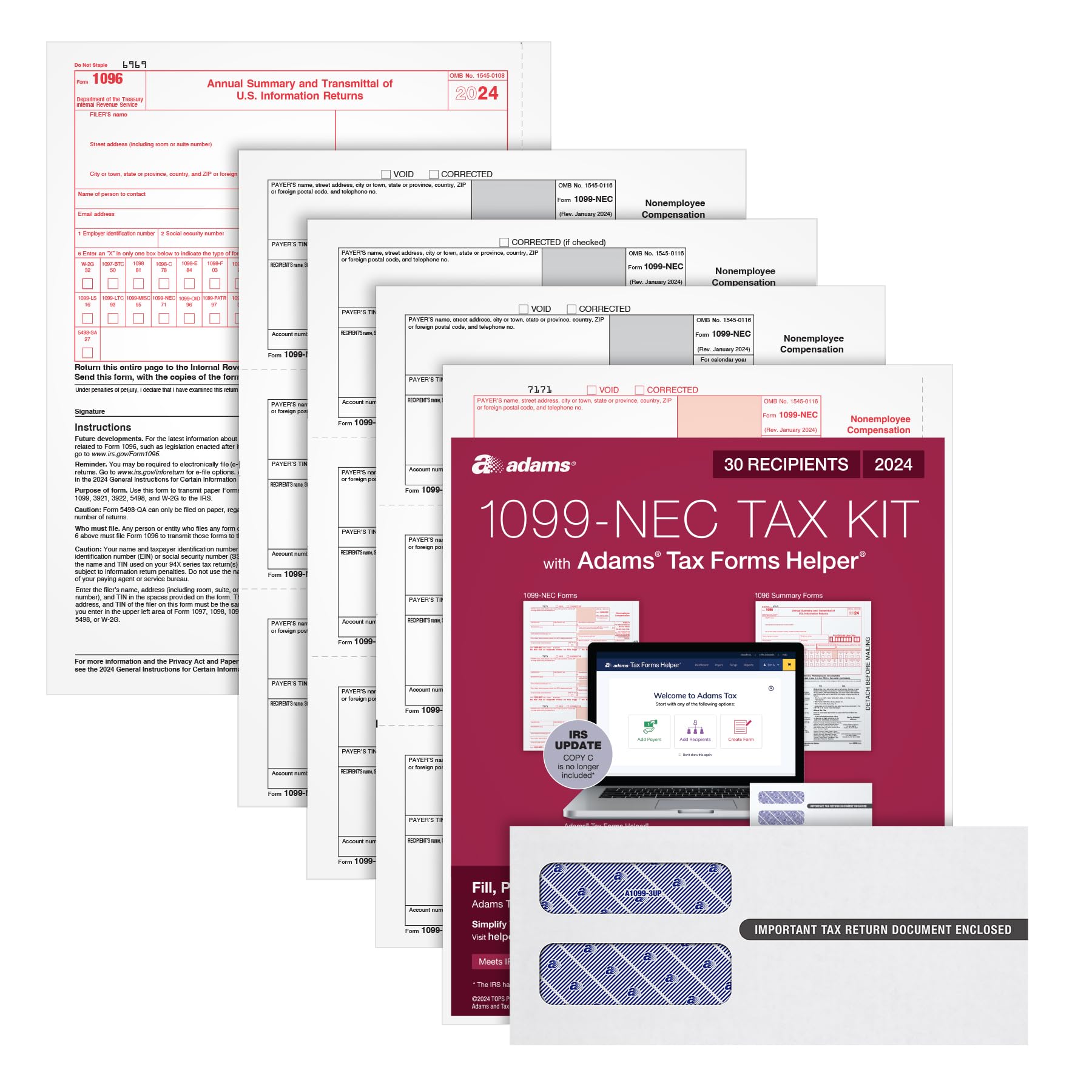 Photo 1 of Adams 2024 1099 NEC Tax Forms Kit for 30 Recipients, 4-Part 1099 Forms, 3 1096 Forms, Self Seal Envelopes, Access to Adams Tax Forms Helper (1009317)