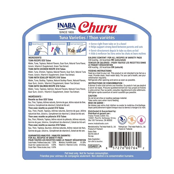 INABA CHURU CAT TREATS, GRAIN-FREE, LICKABLE, SQUEEZABLE CREAMY PURÉE CAT TREAT/TOPPER WITH VITAMIN E & TAURINE, 0.5 OUNCES EACH TUBE, 50 TUBES, TUNA VARIETY