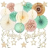Sage-Green Champagne-Gold Birthday Party-Decorations - 29pcs Beige Retro Green Party Decorations for Women Girls, Happy Birthday Banner Paper Streamers Lanterns Tissue Pom Poms - ZERODECO