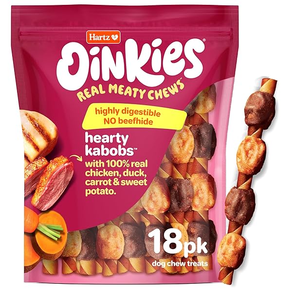 HARTZ OINKIES HEARTY KABOB DOG TREATS WITH 100% REAL CHICKEN, DUCK, SWEET POTATO & CARROT, RAWHIDE-FREE, NATURAL DOG TREATS, HIGHLY DIGESTIBLE LONG LASTING CHEWS, 18 COUNT