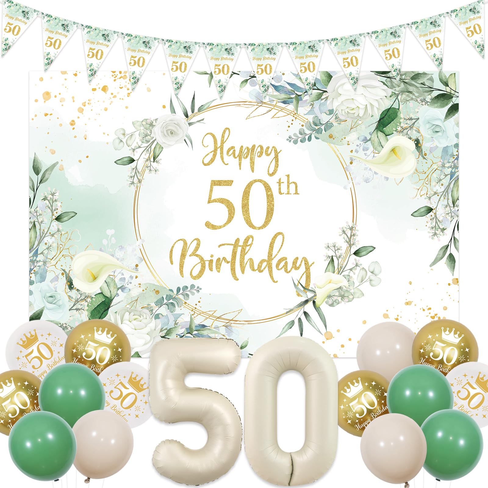Jollyboom 50th Birthday Decorations for Women Her, Sage Green Happy 50th Birthday Backdrop Bunting Banner, Sage Green Gold White Balloons Cream 50 Foil Balloon for Women Men 50 Year Old Birthday Party