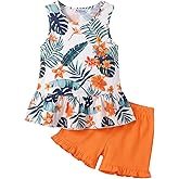 Arshiner Toddler Girls Summer Outfit Sleeveless Ruffle Top and Elastic Shorts Set Kids Short Set for 2-8 Years