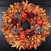 Bibelot Fall Wreaths for Front Door 24 Inch Autumn Wreath with Rose Pumpkin | Thanksgiving Harvest Wreath With Maple Leaves, Large Outdoor Fall Door Wreath for Porch, Window, Mantel Farmhouse Decor