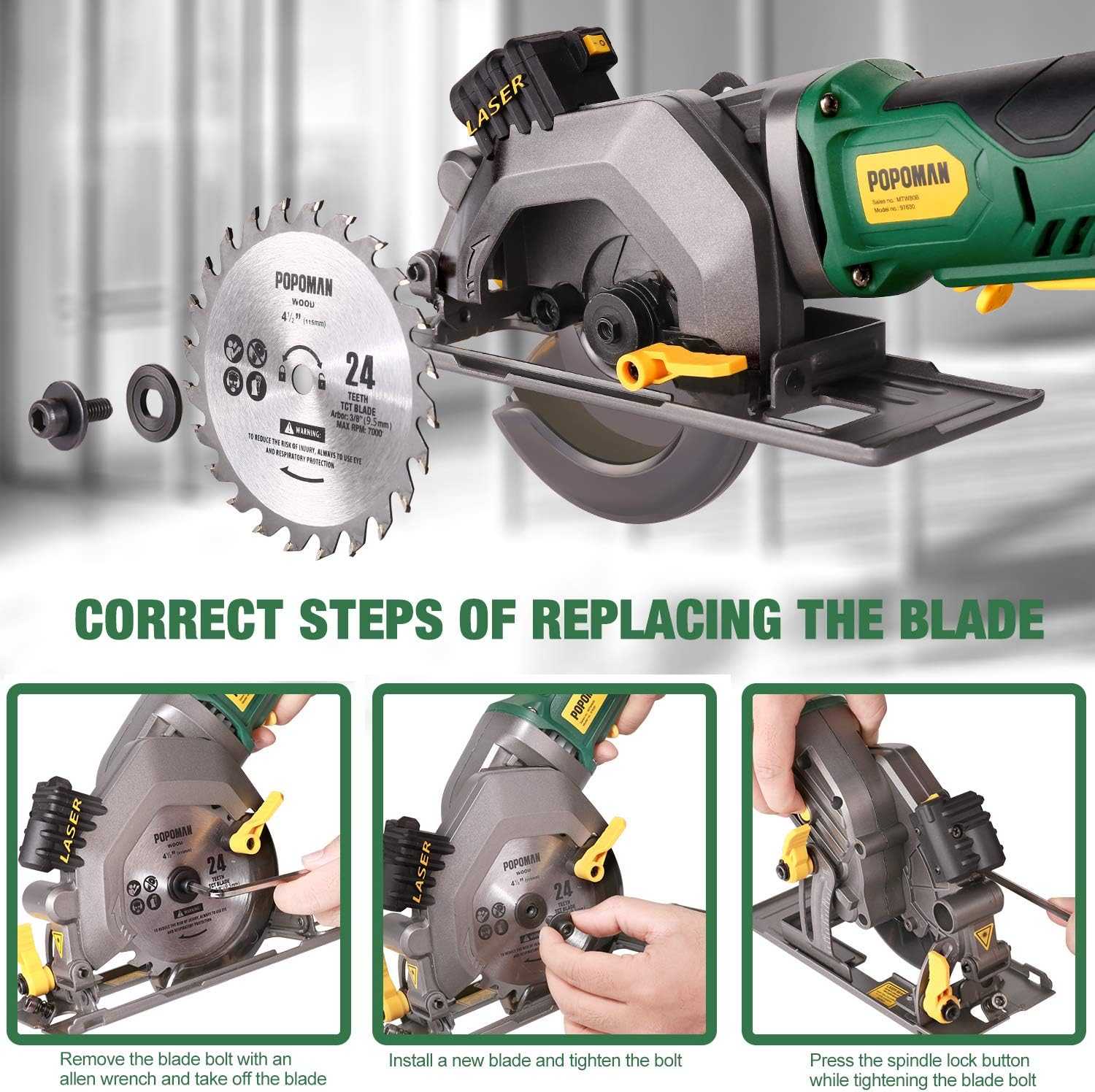 POPOMAN Cordless Circular Saw, 4-1/2" Saw with Laser Guide, 20V 2.0Ah Battery, 1H Charger, 9.5" Base Plate, Max Cutting Depth 1-11/16'' (90°), 1-1/8'' (45°), Wood, Plastic and Metal Cuts - MTW80B - - 