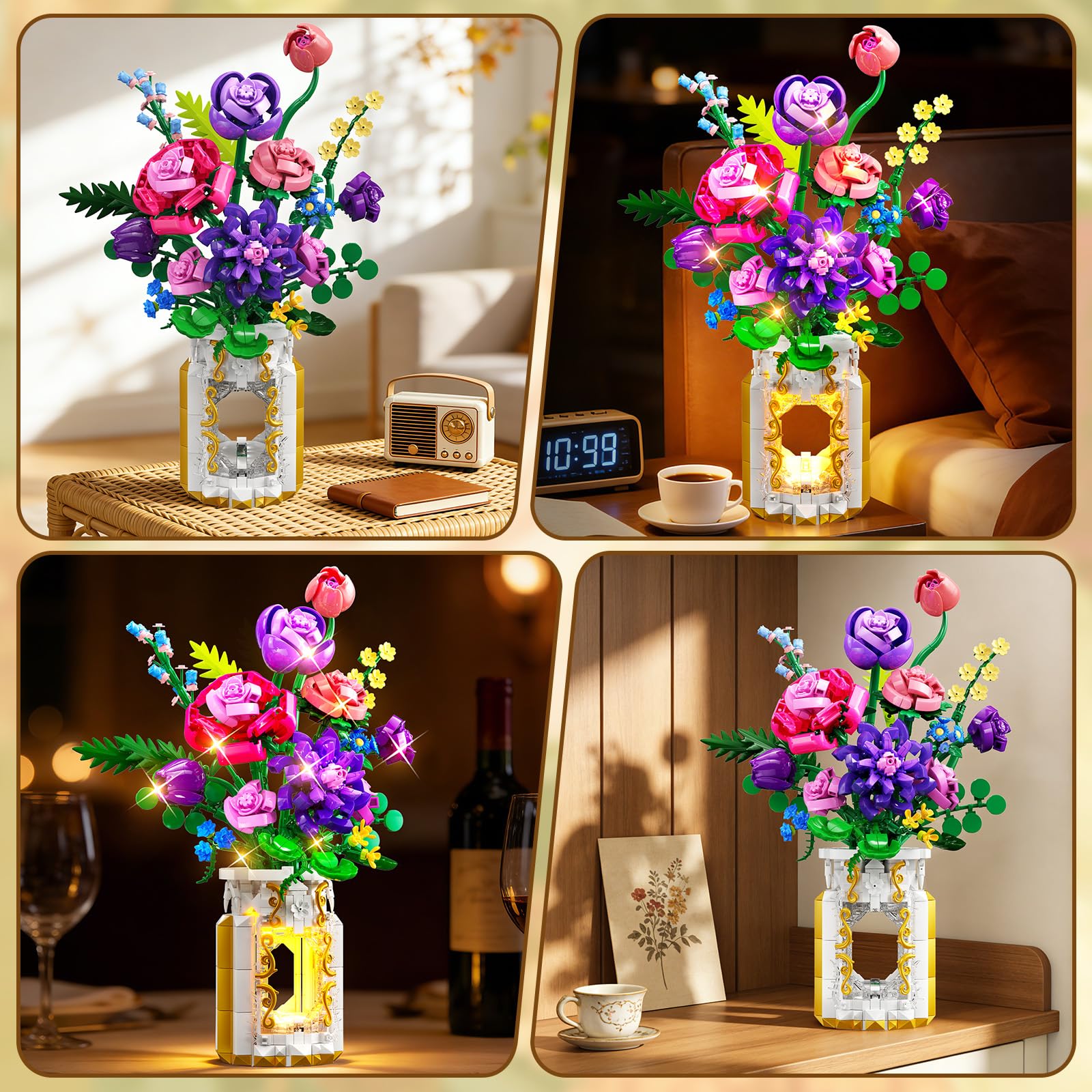 CUBIMANA Blumenstrauß-Bauset mit Vase & LED-Licht, 1093 Teile Botanische Sammlung Klemmbausteine, kreatives Geschenk für Frauen und Männer, künstliche Blumendekoration für Home und Zimmer 3
