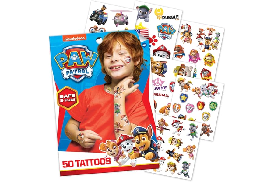 Paw Patrol Temporary Tattoos for Kids (50 pack). Made in the USA w Certified Safe Ink. Birthday Party Supplies and Party Favors Kit. Bulk Temporary Tattoos Stickers Set for Girls and Boys.
