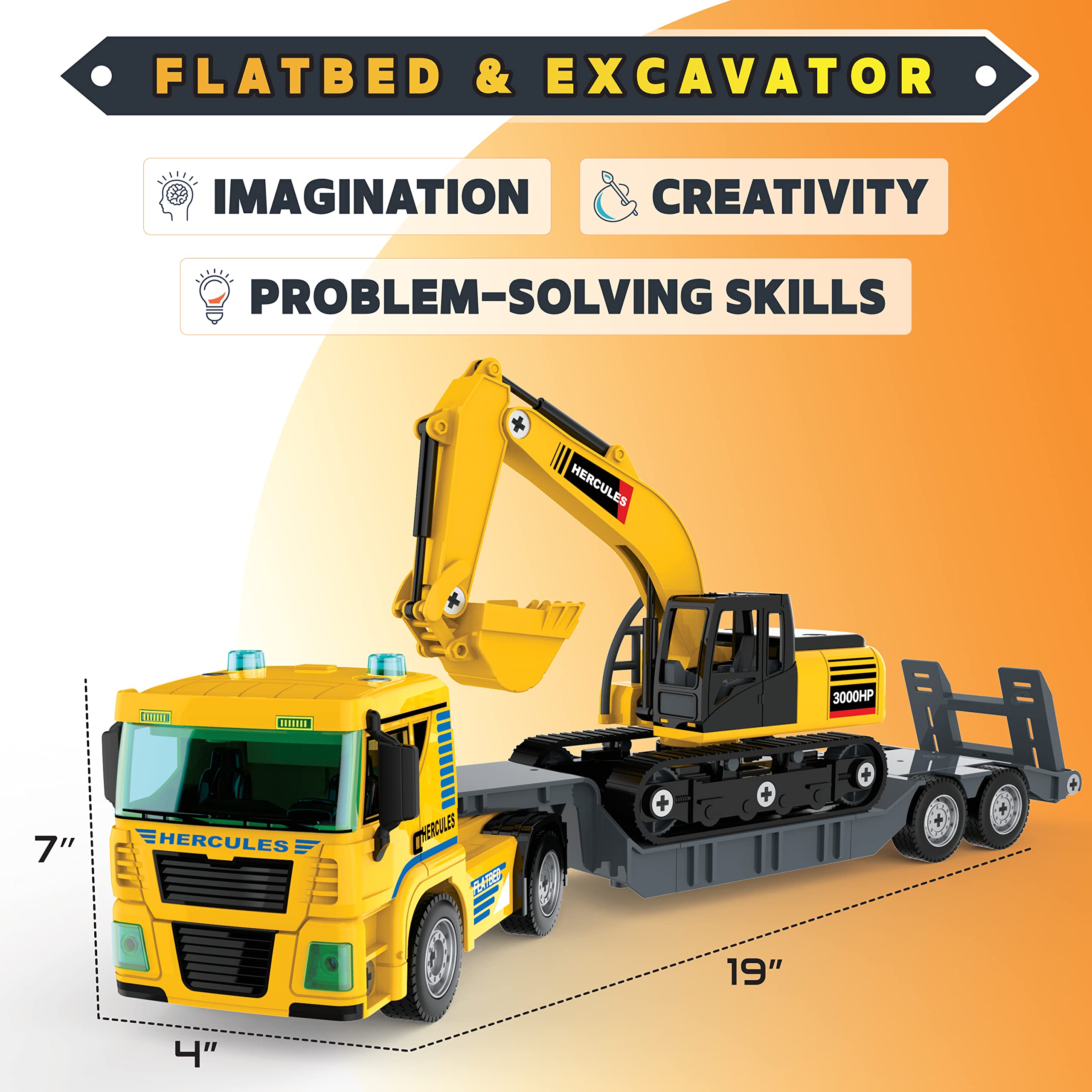 188 PCs Take Apart Excavator and Flatbed Tractor Truck Construction Toys - DIY Building Vehicle Playset Toy w/Drill, Lights & Sounds for Kids, Boys and Girls Ages 5 6 7 8 Years Old