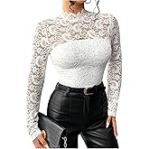 Milumia Women's Lace Mock Neck Long Sleeve T Shirt Sexy Sheer Slim Fitted Tee Tops
