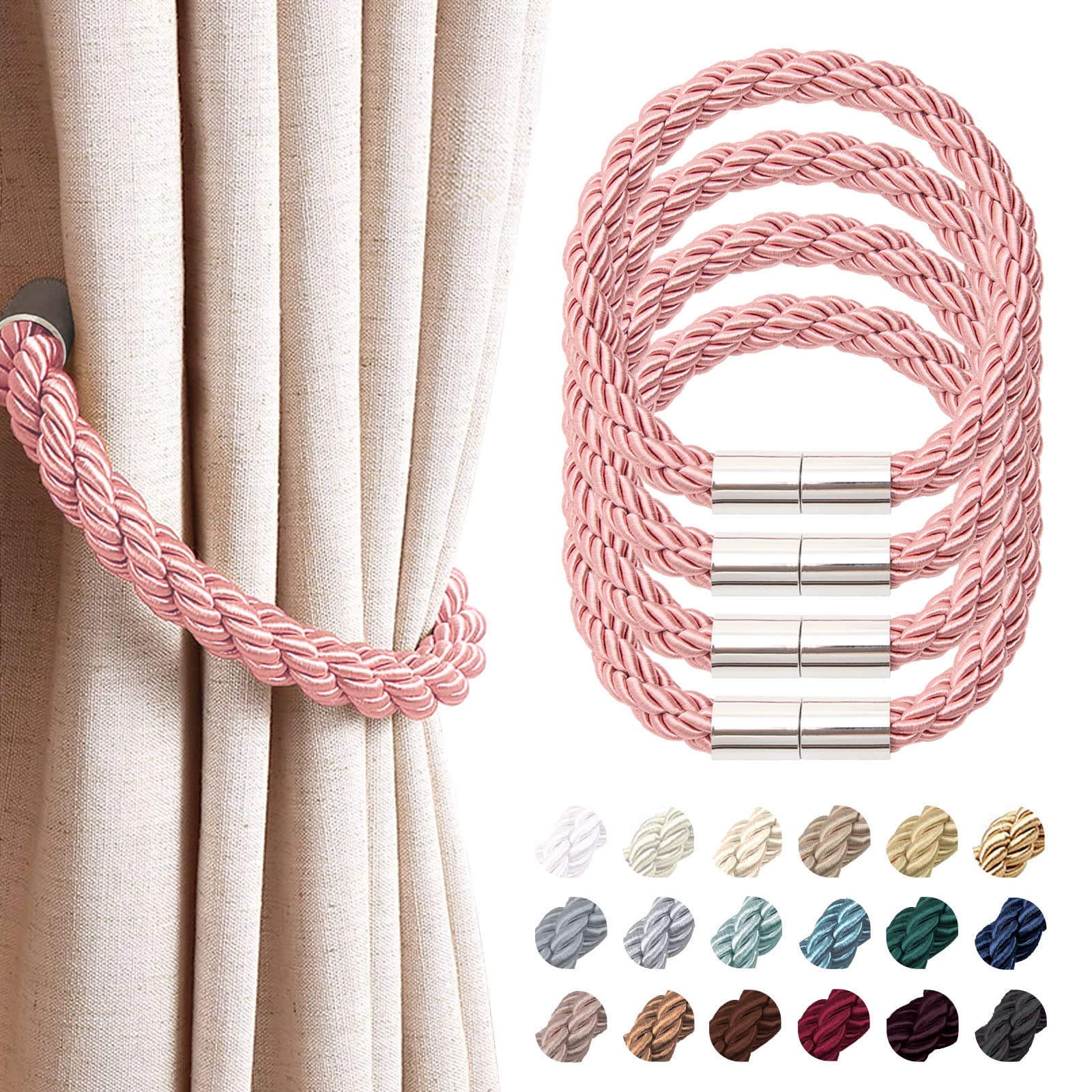 Pretty Jolly 4 Pack Strong Magnetic Curtain Tiebacks Modern Simple Style Drape Tie Backs Convenient Decorative Weave Rope Curtain Holdback for Thin or Thick Home & Office Window Drapery (Pink)