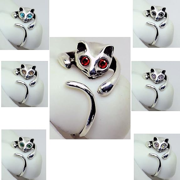 Silver Cat Ring wIth Rhinestone Eyes 7 Colours Amazon.co.uk Jewellery