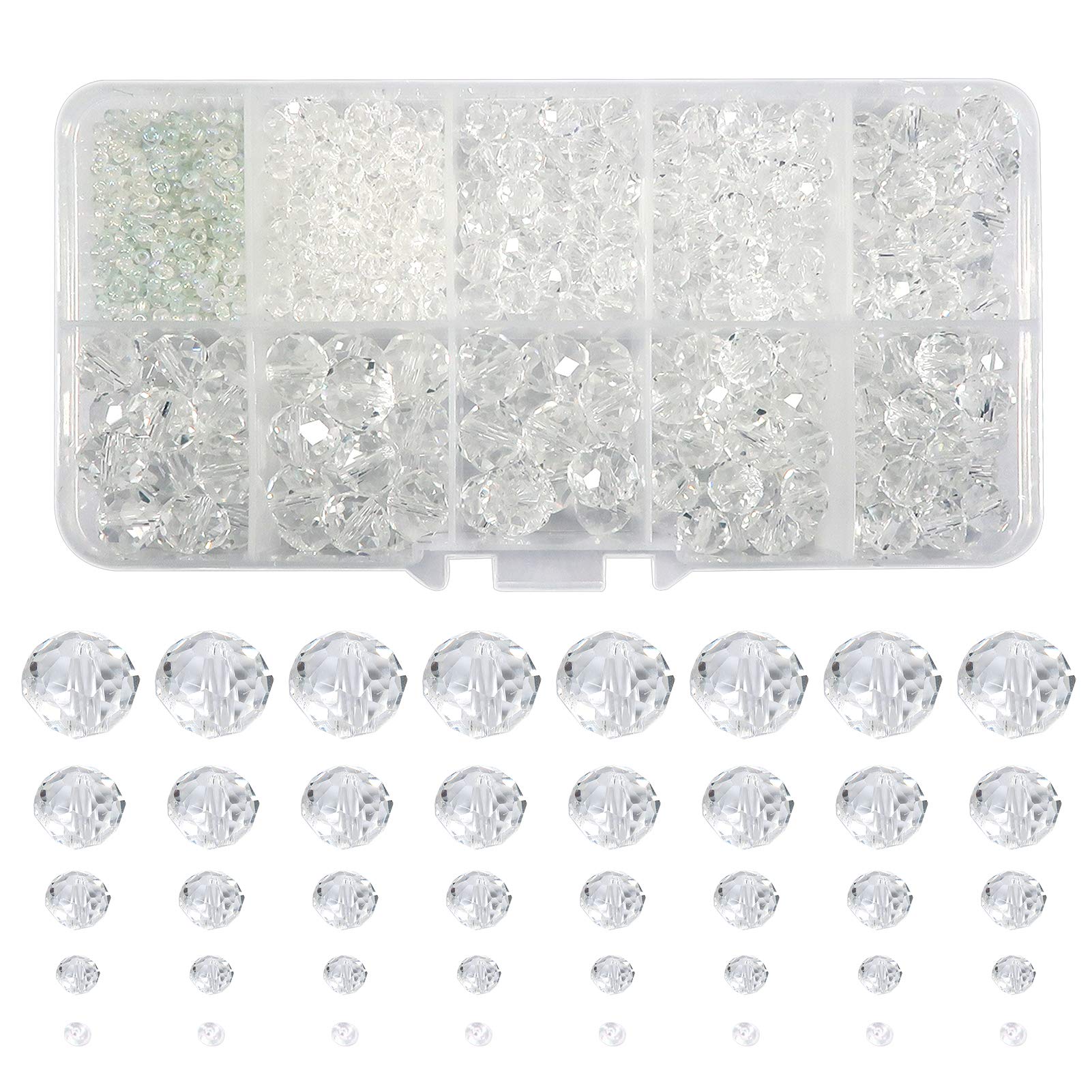 TOAOB 1000pcs Assorted Clear Crystal Glass Beads Faceted Spacer Beads 2mm 4mm 6mm 8mm 10mm for Jewelry Making DIY Craft Project