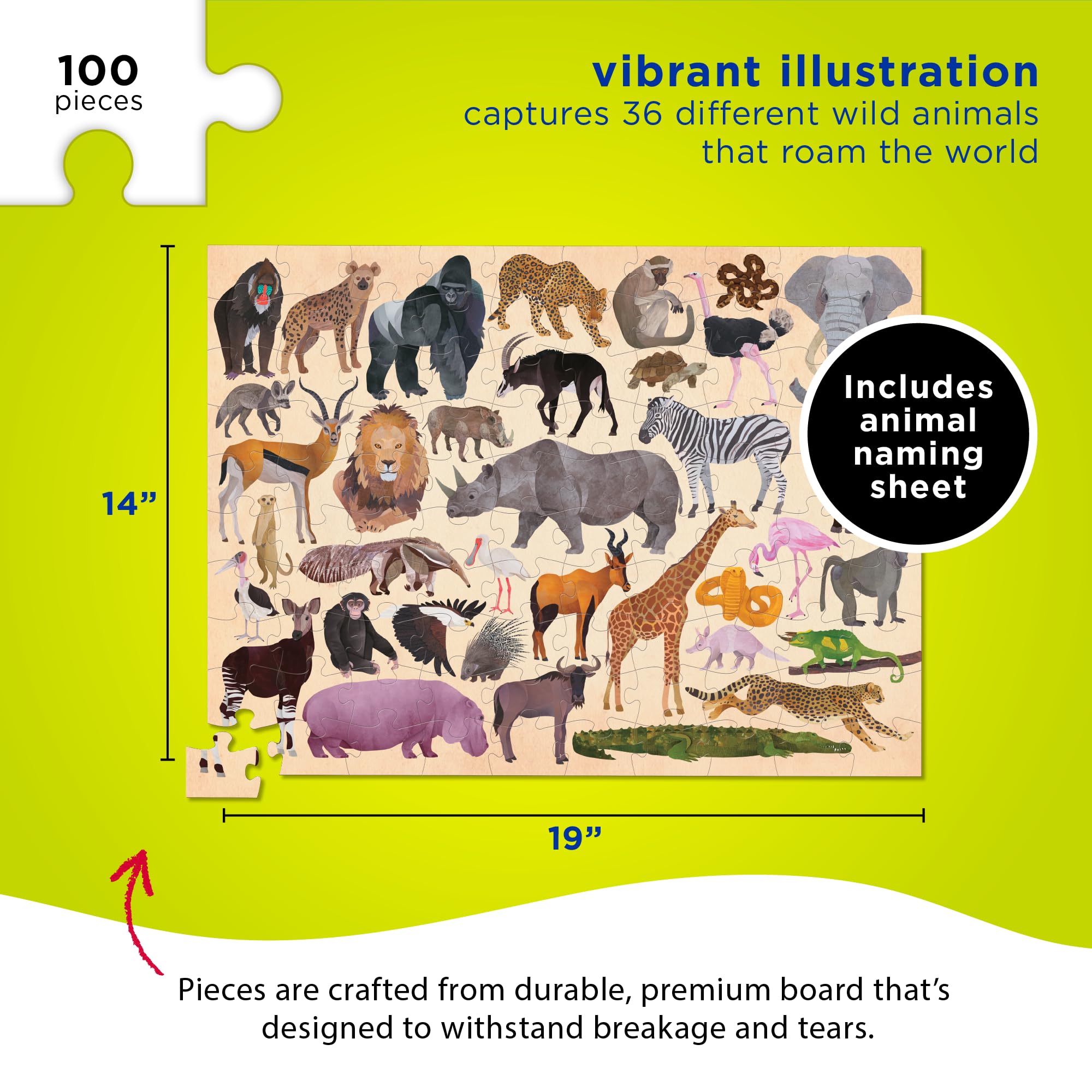 Crocodile Creek 100-Piece Jigsaw Puzzle for Kids Ages 5 and Up - Fun and Educational Table or Floor Puzzles - Storage Canister with Handle - Wild Animals - 14” x 19” Finished