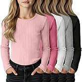 LessonZoo 5 Pack Girls' Cotton Long Sleeve Shirts Ribbed Knit Crew Neck Soft Tops Slim Fit Casual T Shirts 5-14 Years