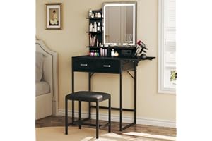 ALEXNUTRE Makeup Vanity Desk with Mirror and Lights, Small Vanity with Fabric Storage Drawer & Chair & Shelves, Vanity with Fold-up Panel and Power Outlet for Bedroom