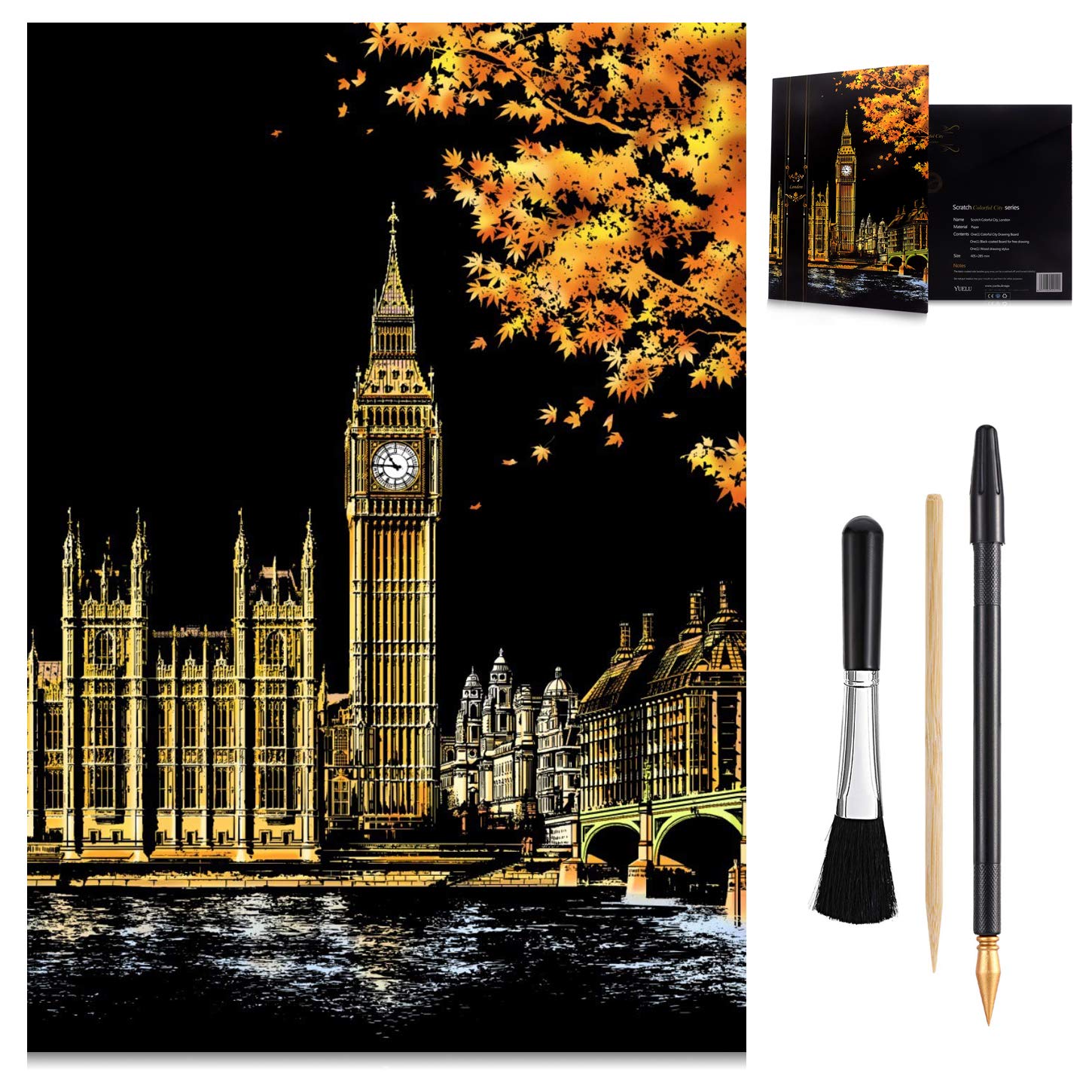 Scratch Art Rainbow Painting Paper (16'' x 11.2'' ) DIY Night View Sketch Pad for Teens & Adults, Painting Creative Gift, Engraving Art & Craft Set: Scratchboard, Drawing Pen, Brush (Big Ben, London)