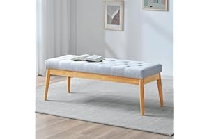 Kingfun Extra-Long Upholstered Tufted Bed Bench Seat for Bedroom, Entryway Wood Bench with Sturdy Wooden Legs, Buttoned Vanity Rectangle Dining Bench (Grey)