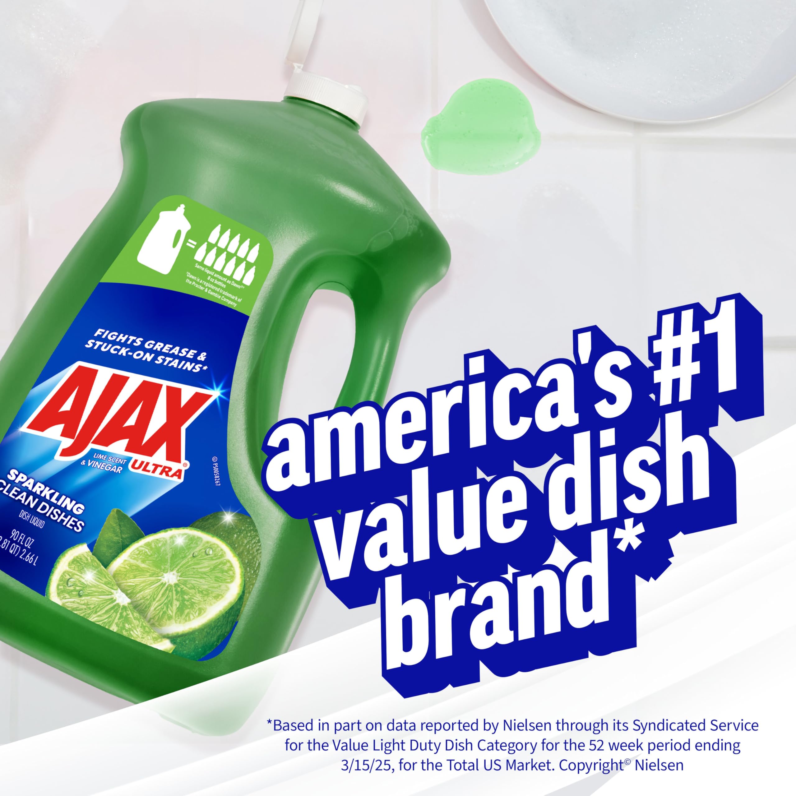 Ajax Ultra Liquid Dish Soap Vinegar and Lime Scent, Sparkling Clean Dishes, 90 fl oz Bottle