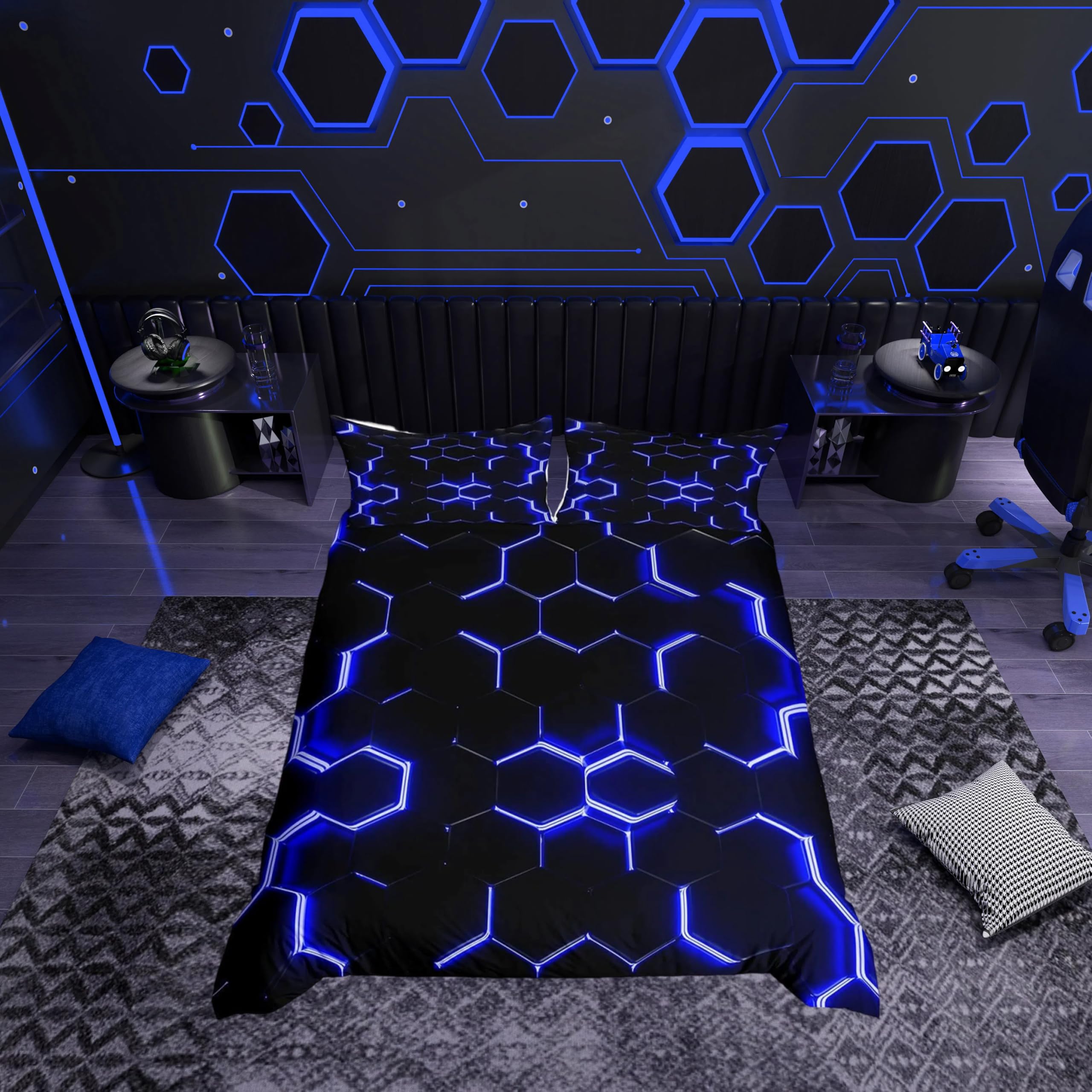 Loussiesd Honeycomb Bedding Set Neon Light Geometric King Bed Cover for Kids Boys Duvet Cover Soft Microfiber Blue Black Hexagonal Comforter Cover Zipper with 2 Pillow Cases — image 1