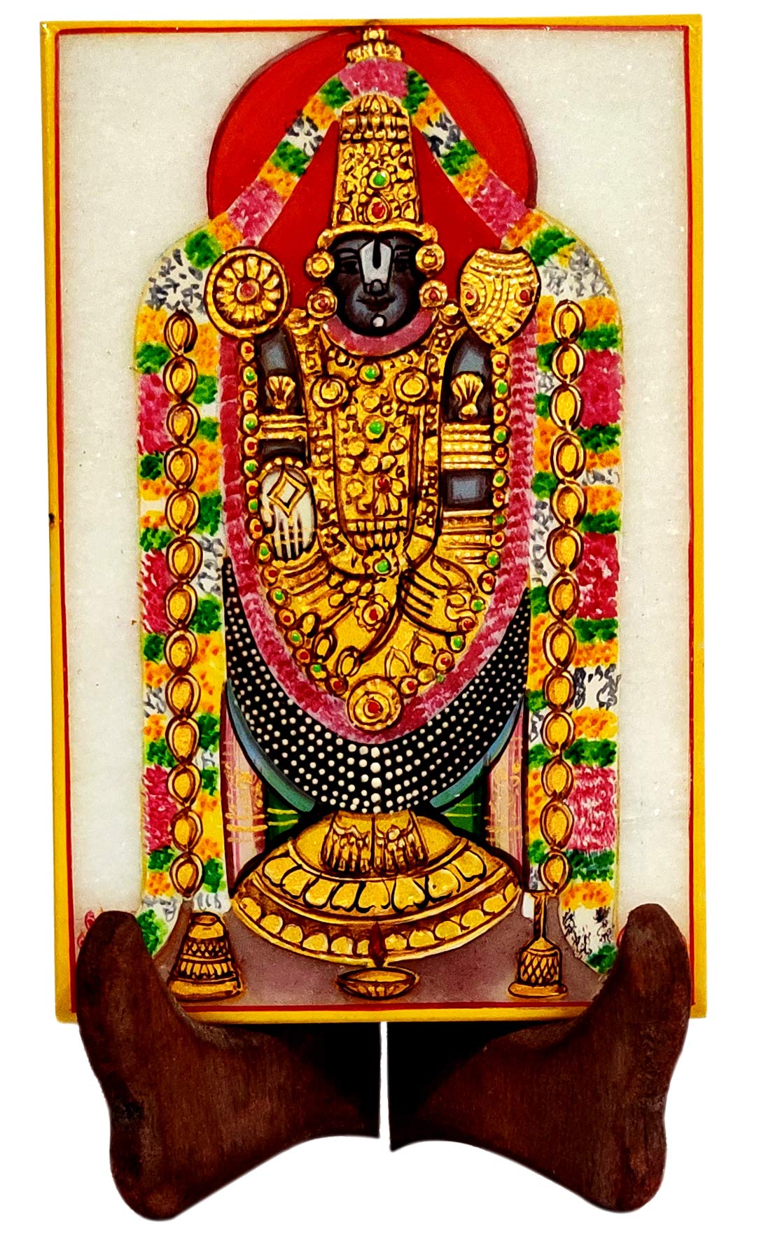 Purpledip Marble Painting Tirpuathi Venkateswara Balaji: Hand Painted Tile with Gold Work, 6x4 Inches (12092)