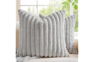 MEGAYES Set of 2 Decorative Throw Pillow Covers 18x18 Faux Fur, Soft Plush Striped Square Couch Cushion Cases with Velvet Bac