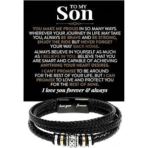 Dynoxar To My Son Bracelet Engraved Love You Forever Gifts From Mom & Dad | Beautifully Gifts-Boxed，Braided Leather Stainless