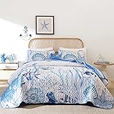 Djoymock Coastal Quilts Queen Size 3 Piece, Reversible Microfiber Ocean Quilt with 2 Shams Nautical Bedding Set Beach Bedspread Coverlet Summer Lightweight Comforter Set for All Season, 96"x90" Blue