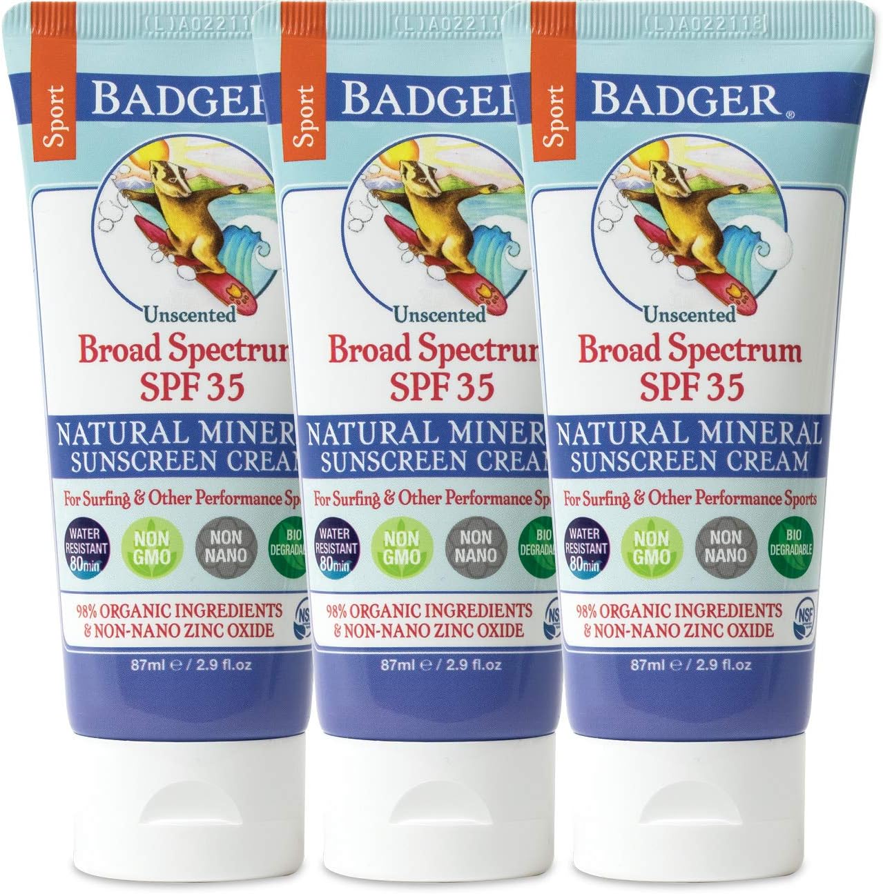 Badger - SPF 35 Zinc Oxide Sport Sunscreen Cream - Unscented - Broad Spectrum Water Resistant Reef Safe Sunscreen, Natural Mineral Sunscreen with Organic Ingredients 2.9 fl oz (3 Pack)