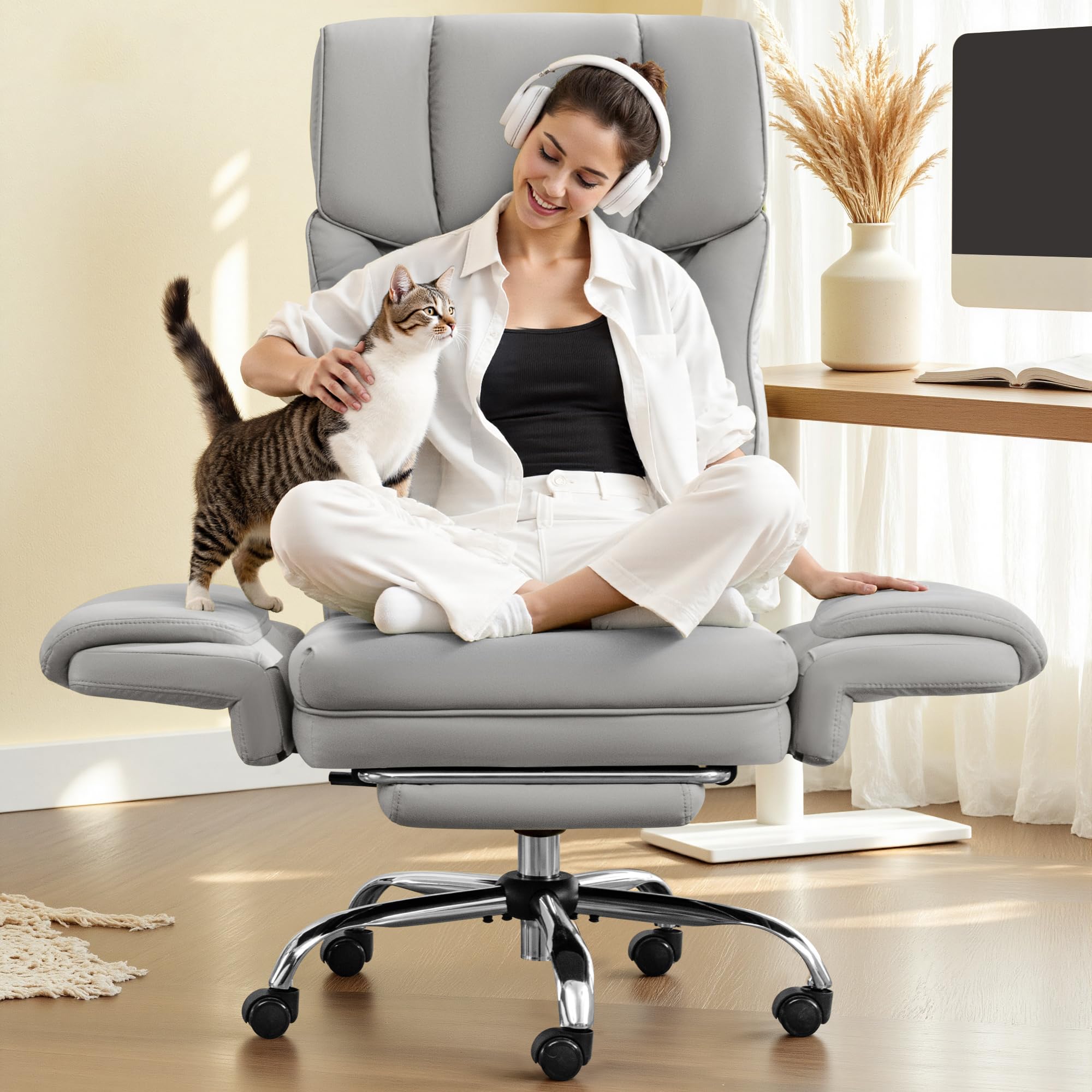 Photo 1 of FelixKing Big and Tall Office Chair, 400LBS Wide Leather Executive Chair, Reversible Armrest for Pets Criss Cross Legged, 135° Reclining High Back Gaming Desk Chair with Lumbar Support Footrest, Gray