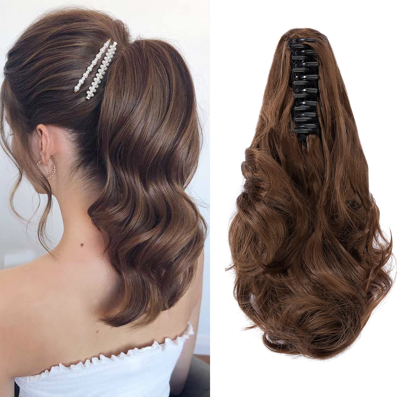 Cybelleza 12" Ponytail Extensions Long Curly Ponytail Clip in Hair Extensions Wavy Claw on Short Cute Pony Tails Hairpieces Synthetic Natural Looking for Women (Golden Brown)