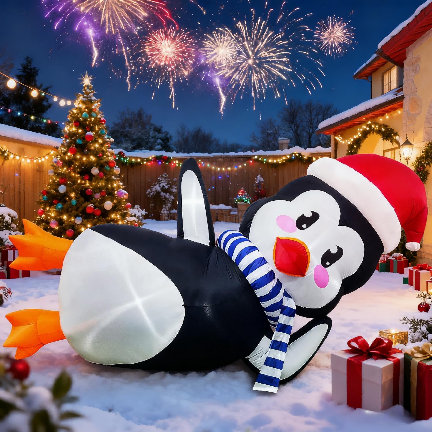 Photo 1 of 10Ft Christmas Inflatables Outdoor Decoration, Inflatable Penguin with Scarf Laying Down Christmas Blow Ups Yard Decoration for Garden, Lawn, Home Xmas Holiday Season Decor