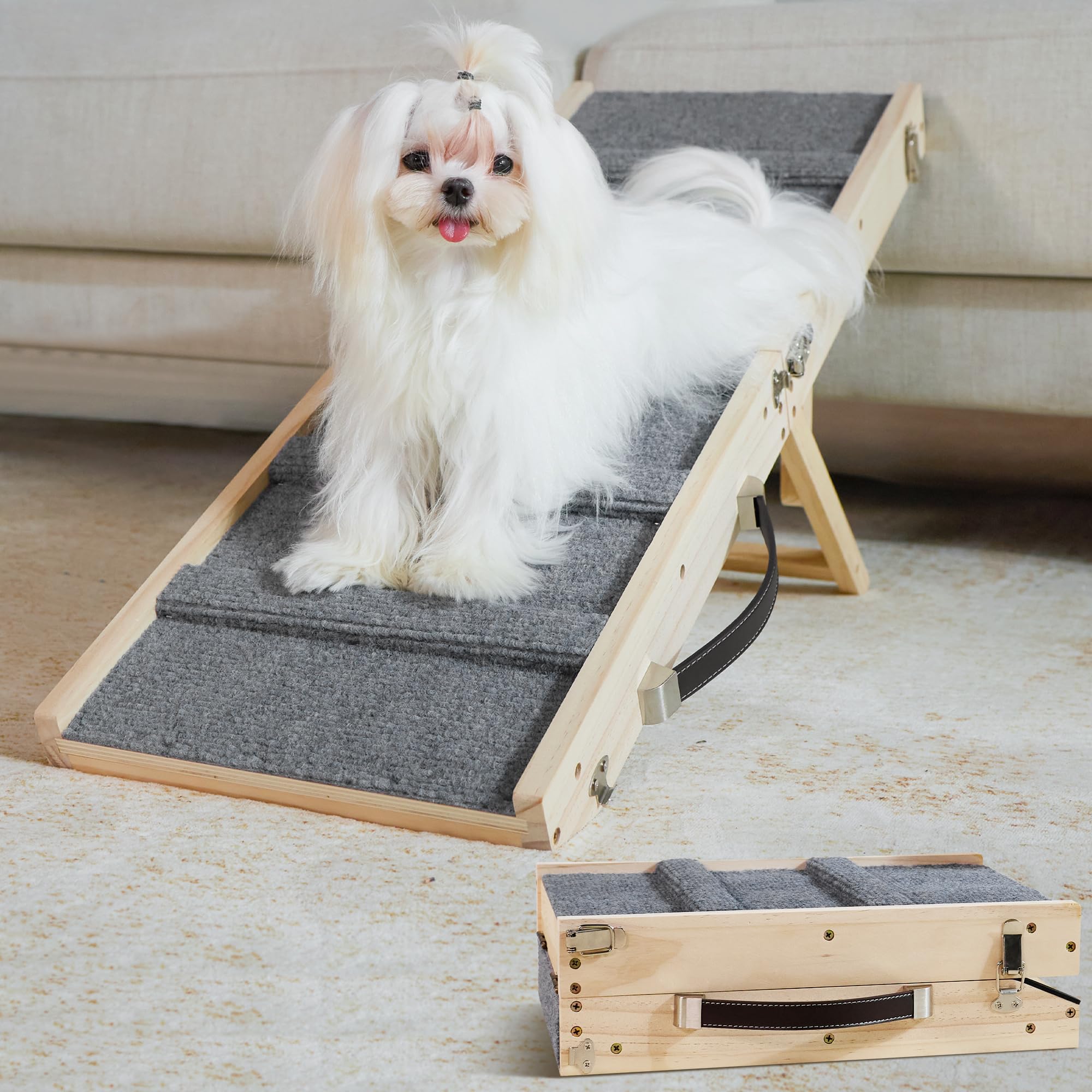 Photo 1 of Drakthos Dog Ramp Dog Stairs for Small Dogs Foldable Dog Ramp with 4 Adjustable Heights from 7.48'' to 15.35" Wood Pet Ramp with Non Slip Carpet Portable Puppy Ramp for Couch, Sofa, Low Bed