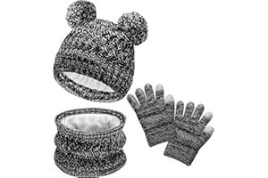 LYDTICK Kids Winter Hat Scarf Gloves Set, Toddler Beanie with Double Pom Pom Fleece Lined, Touch Screen Mitten for Girls Boys